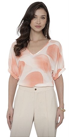 Blusa Manga Curta Estampada Gola V Viscose