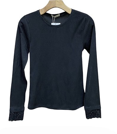 Blusa Manga Longa Renda Malha Rib