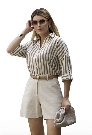 Camisa Listrada Manga 3/4 Viscolinho