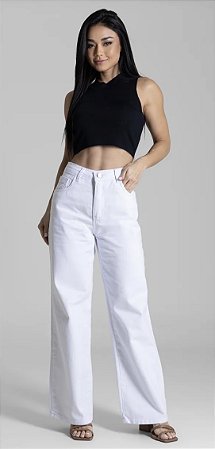 Calça Wide Leg Petit Cintura Alta Sarja