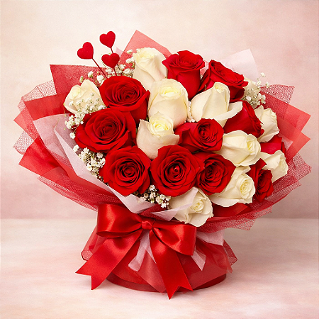 Buquê 24 Rosas Vermelhas e Brancas