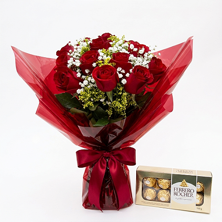 Buquê tradicional de 12 rosas vermelhas com Ferrero Rocher 100g
