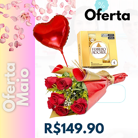 Buque 6 rosas vermelhas Elegancia com Ferrero rocher 50g e balão