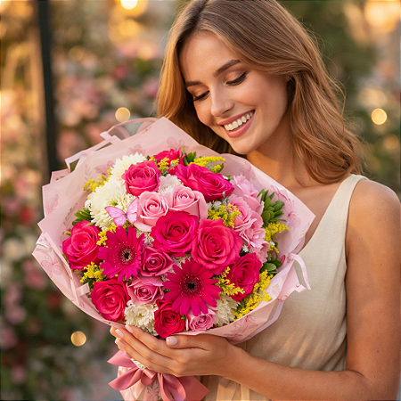 Buquê Rosas Pink e Margaridas