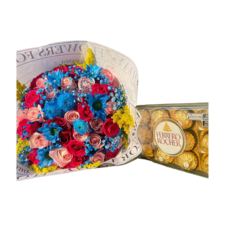 Buquê Flowers Pink & Blue com Ferrero Rocher 150g