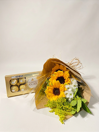 Ramalhete Trio De Girassol Com Ferrero Rocher De 100g