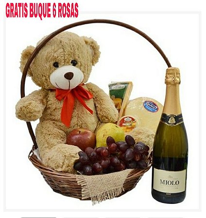 Luxuosa Cesta de Queijo e Vinho, Frutas acompanhada de Pelúcia