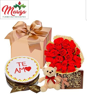 Kit Feliz aniversário com Urso e Buquê de rosas