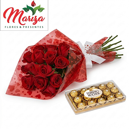 Buquê 12 rosas Premium com Ferrero Rocher 150g