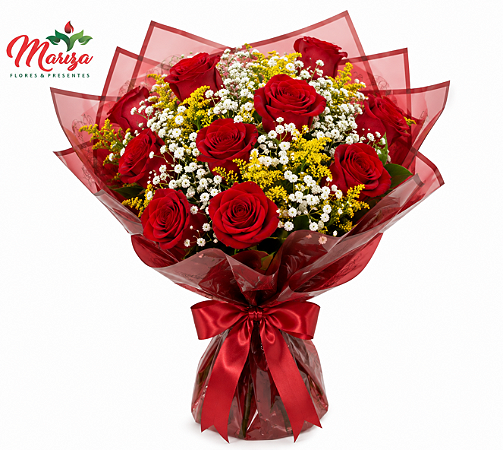 Buque 12 Rosas vermelhas tradicional Com Tango e Egpsofila (mosquitinho)