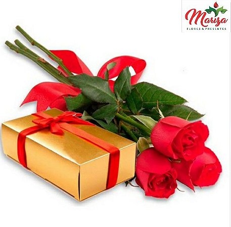 Luxuosa caixa de bombom com arranjo de 3 rosas - Mariza Flores