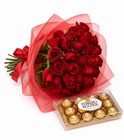 Buquê 24 rosas com Ferrero Rocher 150g