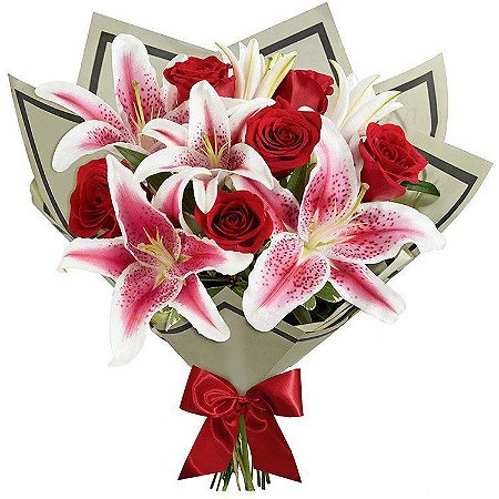 Buque Classic Rosas Vermelhas Com lírio cor de rosa