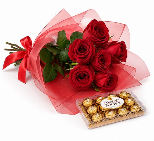 Buquê 6 Rosas vermelhas com Ferrero Rocher