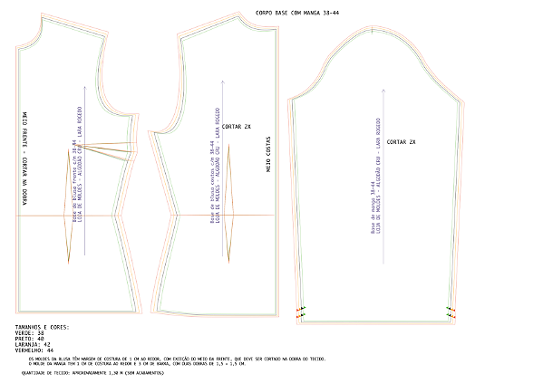 Molde impresso: Base de Blusa COM manga 38 ao 44