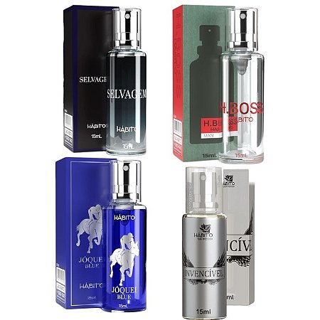 Kit com 4 Deo Colonias Masculinas - Inspirados H. Boss, Selvagem, Invencivel e Joquei Blue