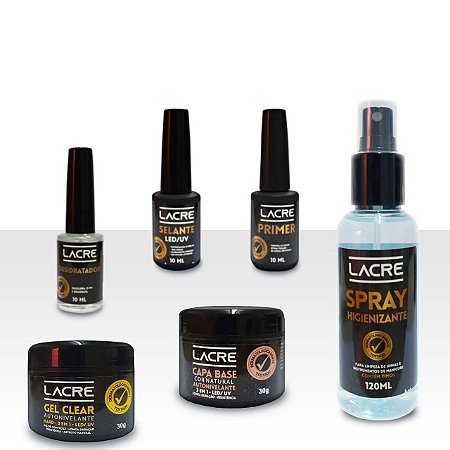 Kit Gel Lacre Clear - 6 produtos para Alongamento de Unha (Capa Base 20g+Gel Clear 24g+ Desidratador+ Selante + Prep + Primer)