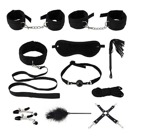 Kit 10 Pcs Bondage Bdsm Preto para Submissão Fetiche com Chicote e pluma