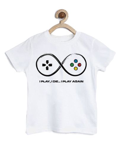 Camiseta Infantil Play Again - Loja Nerd e Geek - Presentes Criativos