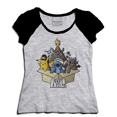 Camiseta Feminina Raglan Pikachu e Groot - Loja Nerd e Geek