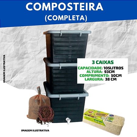 Composteira Doméstica 105 L COMPLETA (com 500 minhocas)