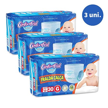 Kit com 3 Pacotes Fralda Calça Descartável Infantil ConfortFral Baby Pants Shortinho Atacado Revenda Barato