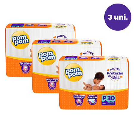 Kit 3 Pacotes Fralda Descartável Infantil Pom Pom Derma Protek Jumbo