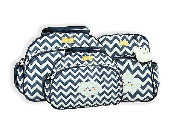 Kit Bolsa Maternidade Mave Baby Com Mochila Menino Azul Chevron 3 Peças