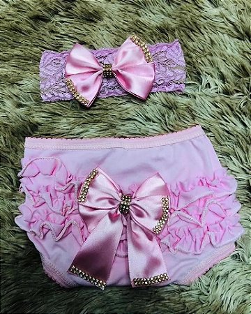 Calcinha Bunda Rica + Tiara Faixa De Cabelo Rosa Rn A 12m Bebê