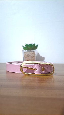 Cinto Fino Rosa com Fivela Arredondada Dourada