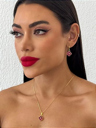 Conjunto Colar e Brinco Folheado a Ouro 18k Inspiração VF. Cristal Vermelho