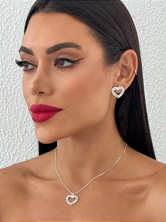 Conjunto Colar e Brinco Folheado a Prata Coração Vazado