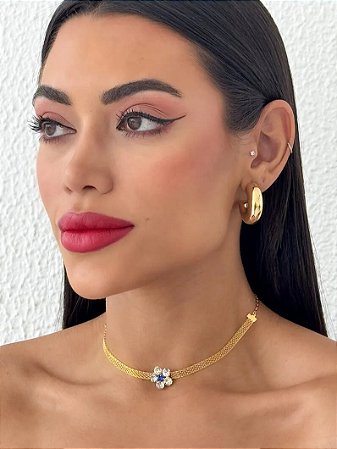 CHOKER MANTA COM FLOR DE ZIRCONIA AZUL- FOLHEADO A OURO 18K