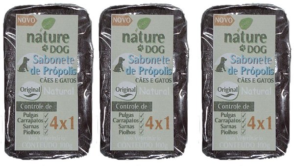 SABONETE  ANTIPULGAS PRÓPOLIS 4X1PARA CÃES E GATOS NATURE DOG - PULGAS, CARRAPATOS, SARNAS E PIOLHOS 3 UN - 100G