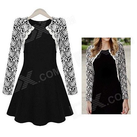 Elegante cintura apertada gola redonda de manga comprida Lace + vestido de algodão - Black + White (L)