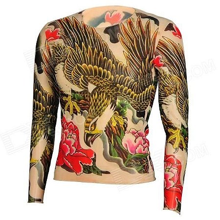 JUQI T-Shirt com Mangas Compridas e Desenho Estilo Tatuagem em Nylon e Spandex - Preto, Amarelo e Multicor (Tamanho Único)