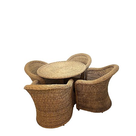 Conjunto de mesa de jantar em junco/rattan natural com 4 Poltronas