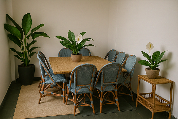 Conjunto Mesa de jantar de junco natural com 8 cadeiras