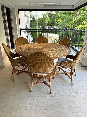 Conjunto Mesa de jantar de junco natural com 6 cadeiras