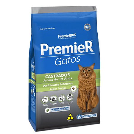 Ração Super Premium Premier Gatos Castrados Acima de 12 anos Ambientes Internos Sabor Frango 500 g - PremierPet