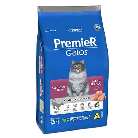 Ração Super Premium Premier Gatos Castrados 7 a 11 anos Ambientes Internos Sabor Frango 7,5 kg - PremierPet