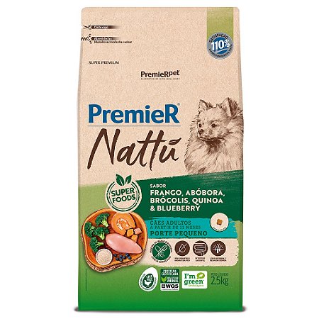 Ração Super Premium Premier Nattu Cães Adultos Raças Pequenas Sabor Frango e Abobora 2,5kg - PremierPet