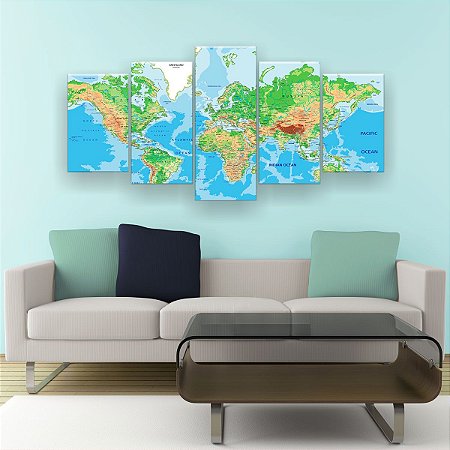 Quadro Decorativo Mapa Mundi Color 129x61cm Sala Quarto