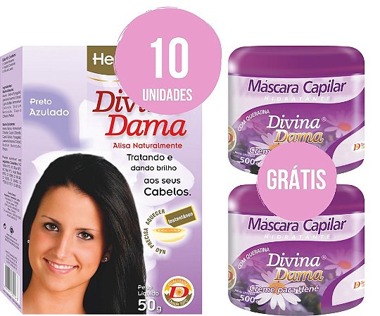 Henê Divina Dama 50gr Preto azulado Kit C/10un + 2 Cremes Ativadores