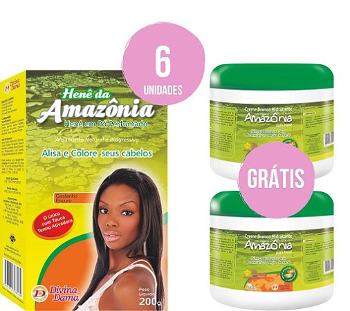 Henê em Pó Amazônia Castanho Escuro 200gr Kit C/6 unidades + 2 Cremes Ativadores