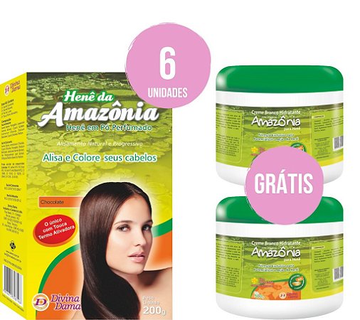 Henê em Pó Amazônia Chocolate 200gr Kit C/6 unidades + 2 Cremes Ativadores