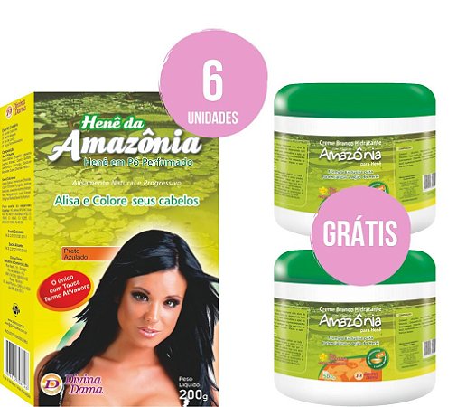 Henê em Pó Amazônia Preto Azulado 200gr Kit C/6 unidades + 2 Cremes Ativadores