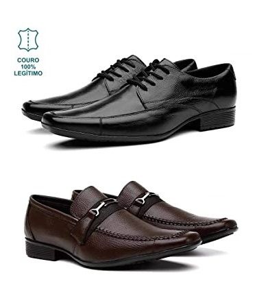 Kit 2 pares Sapato de Couro Legítimo Bovino Masculino - Preto Marrom |  Calçados Brasil - Calçados Brasil