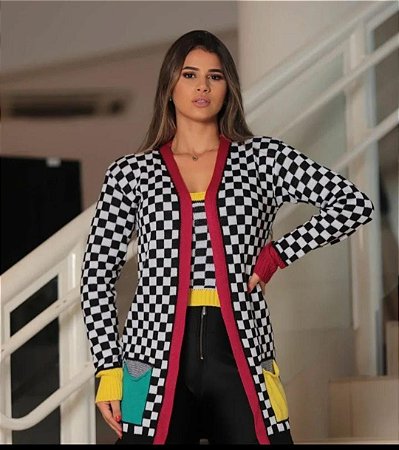 cardigan feminino xadrez
