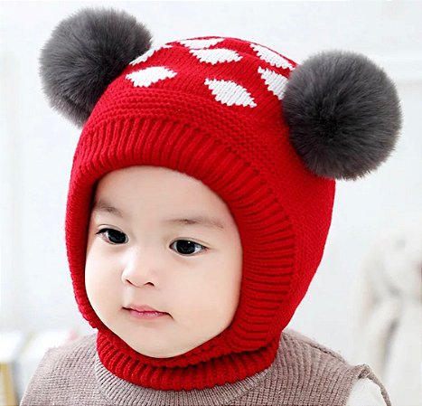 Gorro vermelho de tricô infantil - pompom duplo - forro peluciado